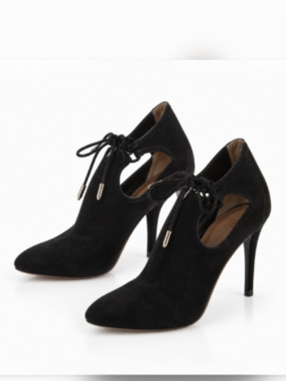 Aquazzura Suede Cutout Tie Pumps 7.5 Black Pointed Toe Stiletto Shootie Bootie